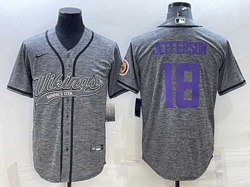 Men's Minnesota Vikings #18 Justin Jefferson Grey Gridiron With Patch Cool Base Stitched Baseball Jersey,We sell and wholesale Men's Minnesota Vikings #18 Justin Jefferson Grey Gridiron With Patch Cool Base Stitched Baseball Jersey on line form chian!